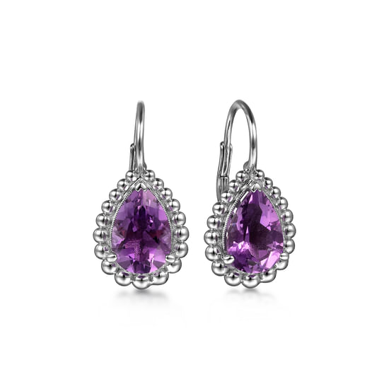 Gabriel - 925 Sterling Silver Amethyst Bujukan Pear Shape Leverback Earrings With Pattern