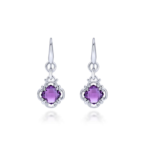 925 Sterling Silver Amethyst Clover Drop Earrings