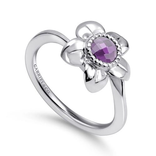 925 Sterling Silver Amethyst Flower Ring
