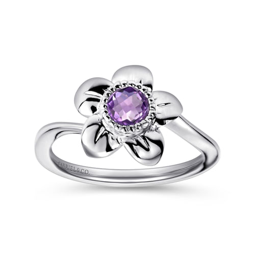 925 Sterling Silver Amethyst Flower Ring