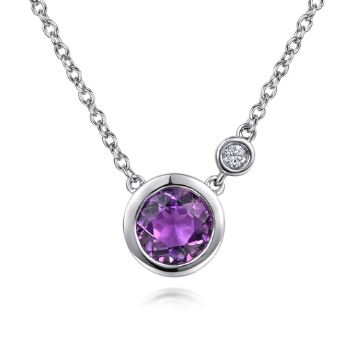 925 Sterling Silver Amethyst and Diamond Pendant Necklace 