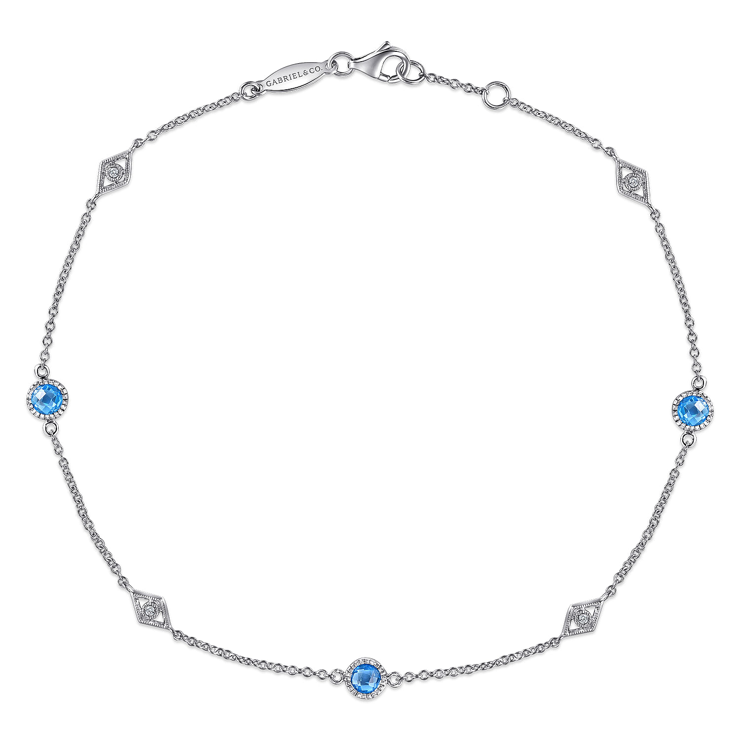 925 Sterling Silver Ankle Bracelet with Blue Topaz and White Sapphire Stations
