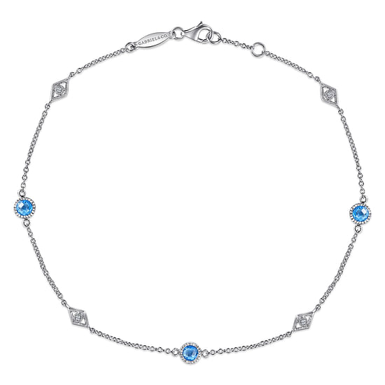 Gabriel - 925 Sterling Silver Ankle Bracelet with Blue Topaz and White Sapphire Stations