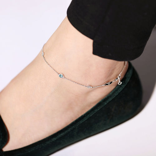 925 Sterling Silver Ankle Bracelet with Blue Topaz and White Sapphire Stations