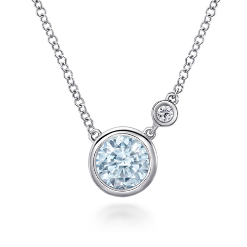 925 Sterling Silver Aquamarine and Diamond Pendant Necklace 