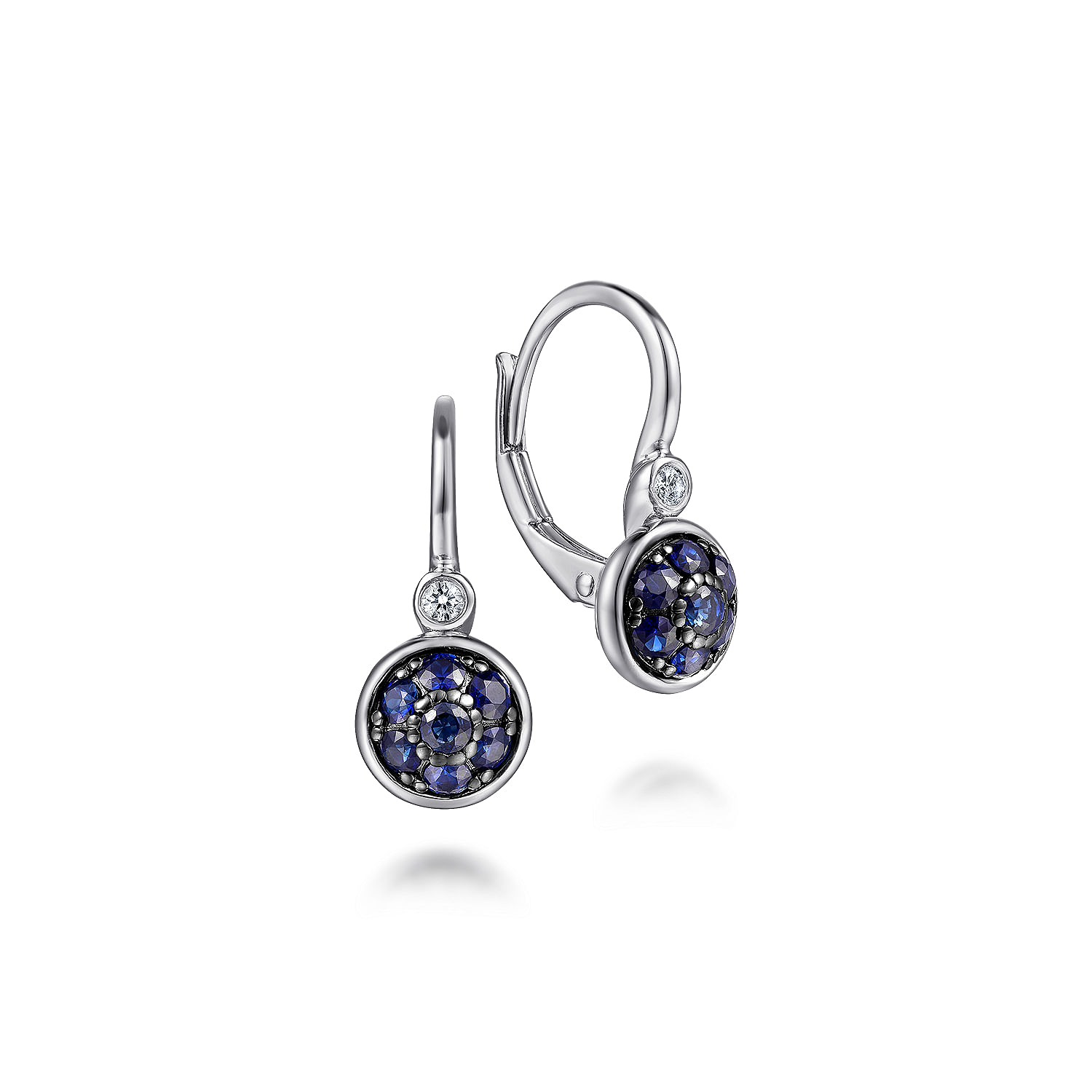 Gabriel - 925 Sterling Silver Bezel Set Diamond and Round Blue Sapphire Cluster Leverback Earrings