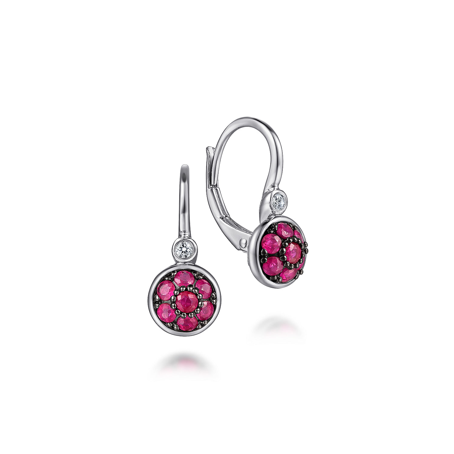 Gabriel - 925 Sterling Silver Bezel Set Diamond and Round Ruby Cluster Leverback Earrings