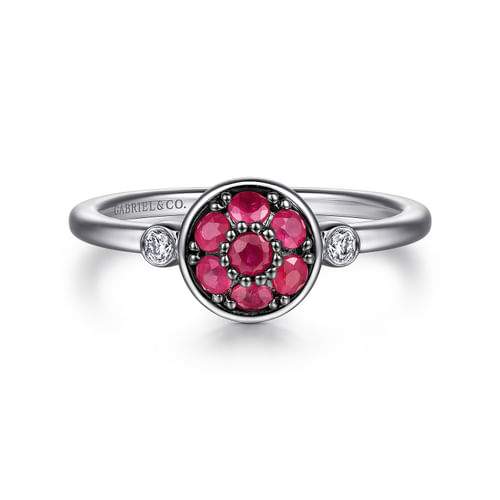 925 Sterling Silver Bezel Set Diamond and Ruby Cluster Ring