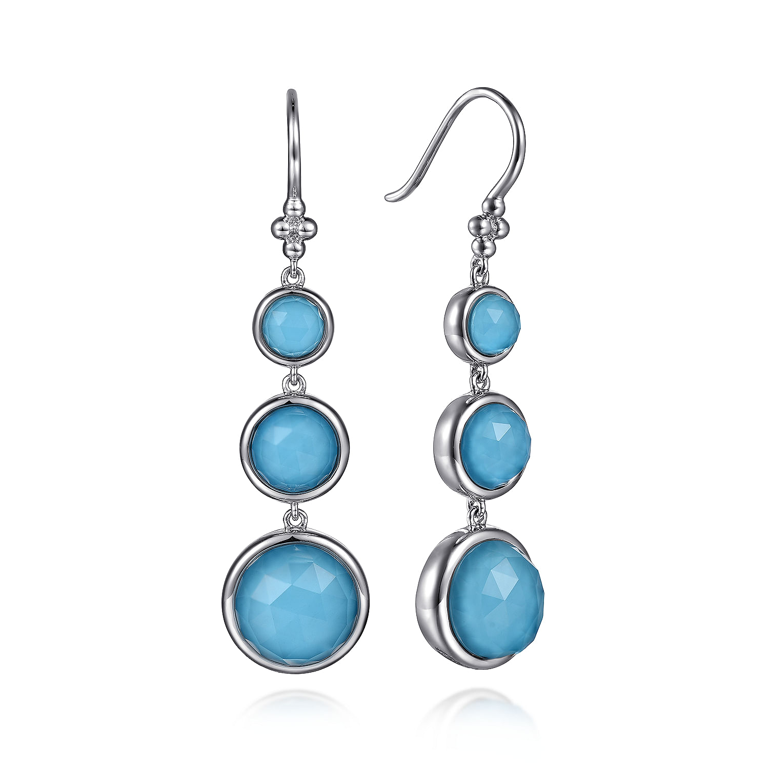 925 Sterling Silver Bezel Set Rock Crystal and Turquoise Graduating Drop Earrings