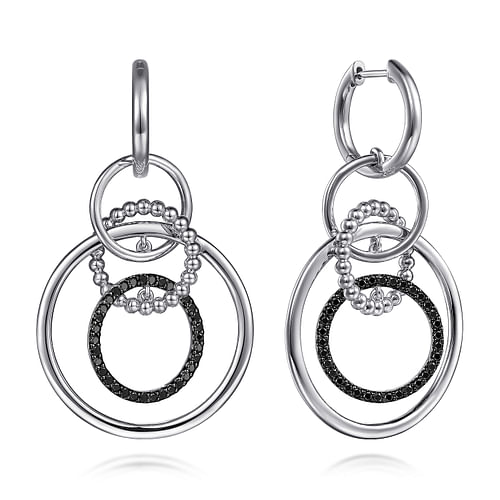 925 Sterling Silver Black Spinel Bujukan Link Huggie Drop Earrings