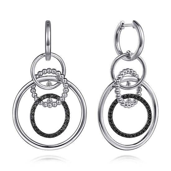 Gabriel - 925 Sterling Silver Black Spinel Bujukan Link Huggie Drop Earrings