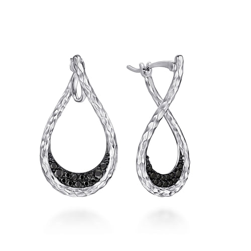 925 Sterling Silver Black Spinel Bypass Pear Shaped Hoop Earrings