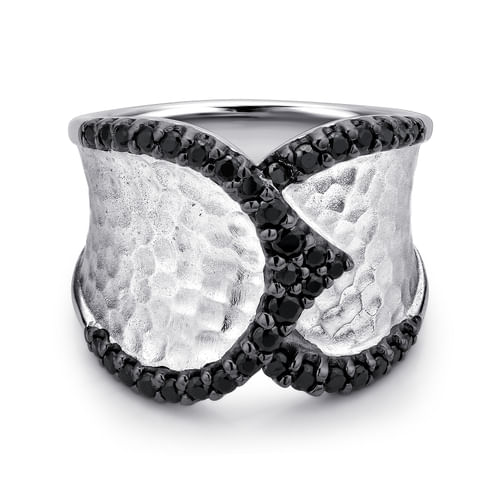 925 Sterling Silver Black Spinel Hammered Wide Band Ring