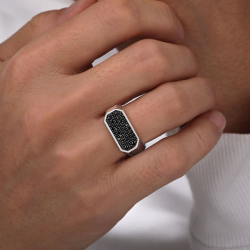 925 Sterling Silver Black Spinel Pavé Men's Ring in High Polish Finish