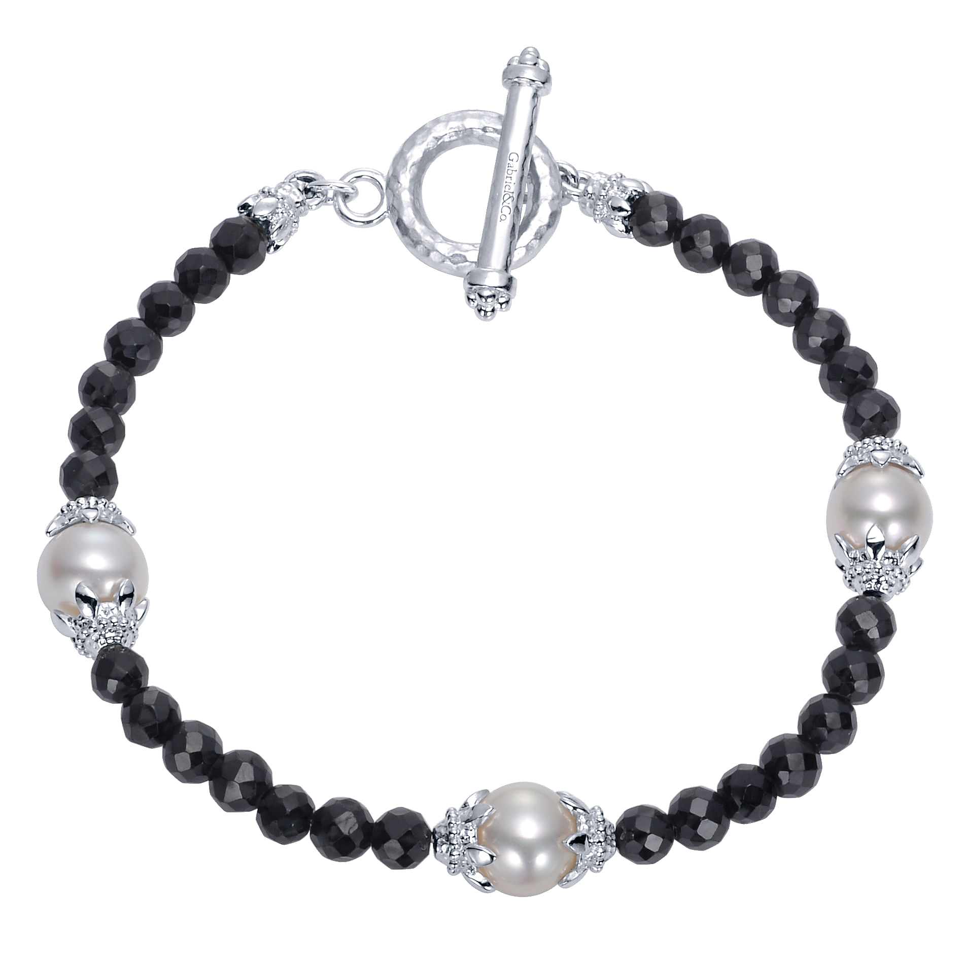 925 Sterling Silver Black Spinel Toggle Bracelet with Pearl Stations