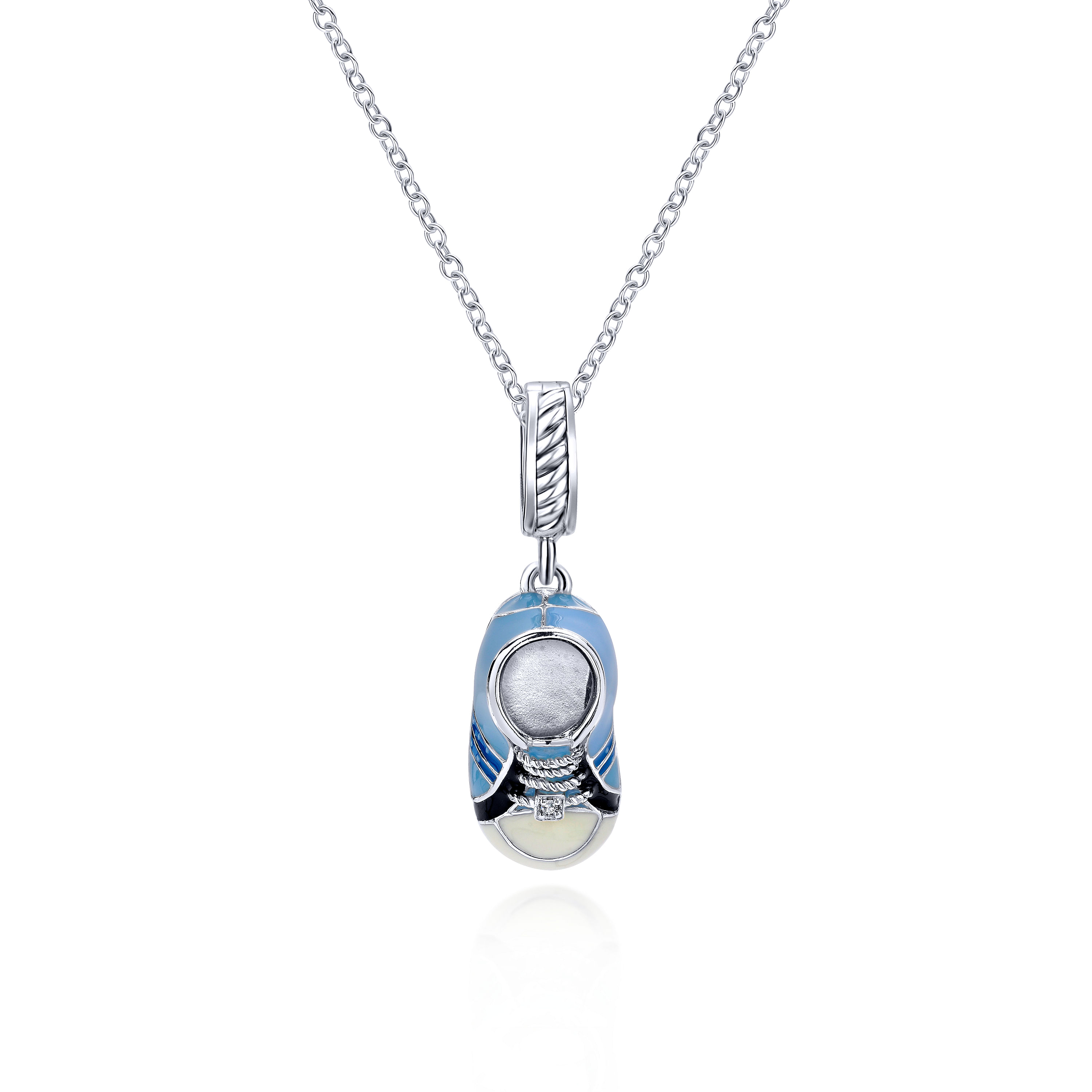 925 Sterling Silver Blue Enamel Baby Shoe Pendant with Diamonds