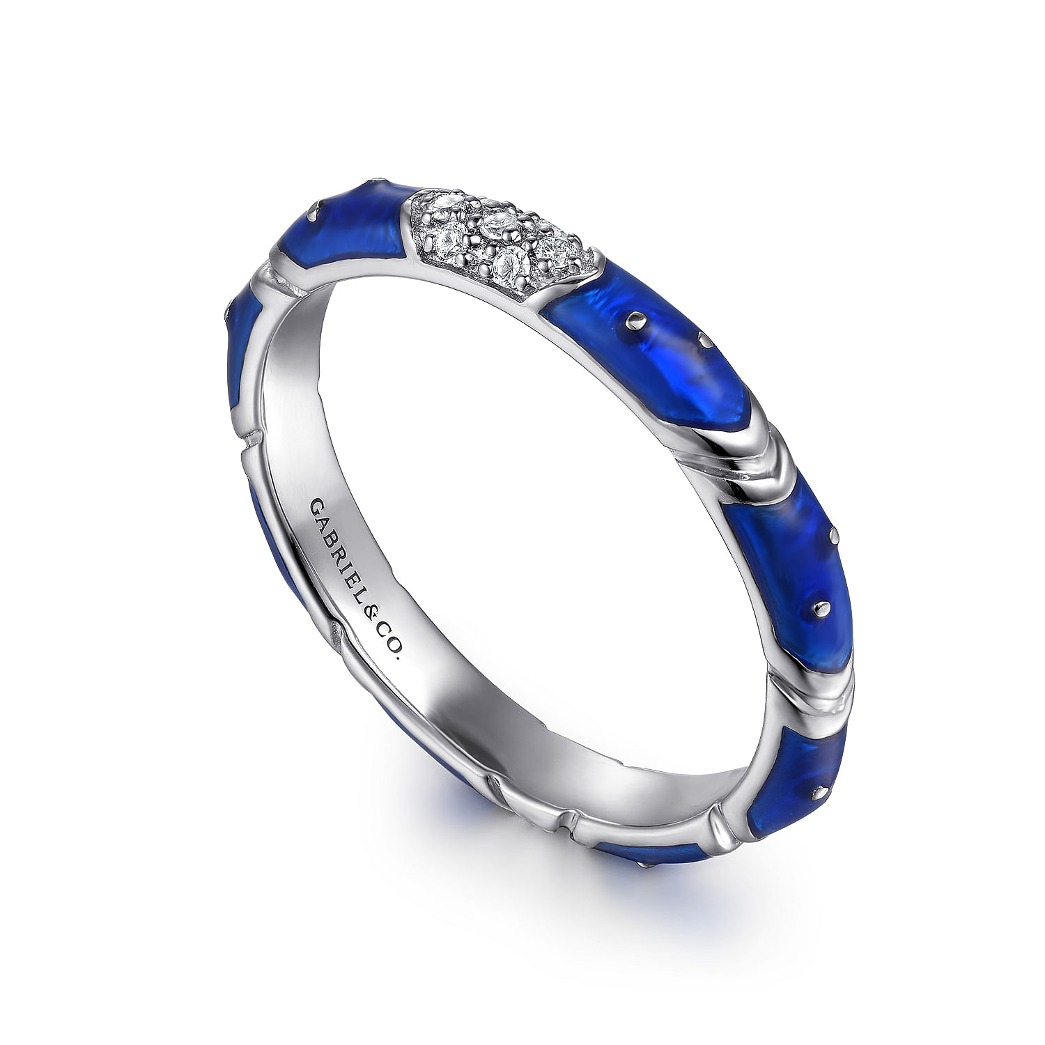925 Sterling Silver Blue Enameled Ring with Diamonds