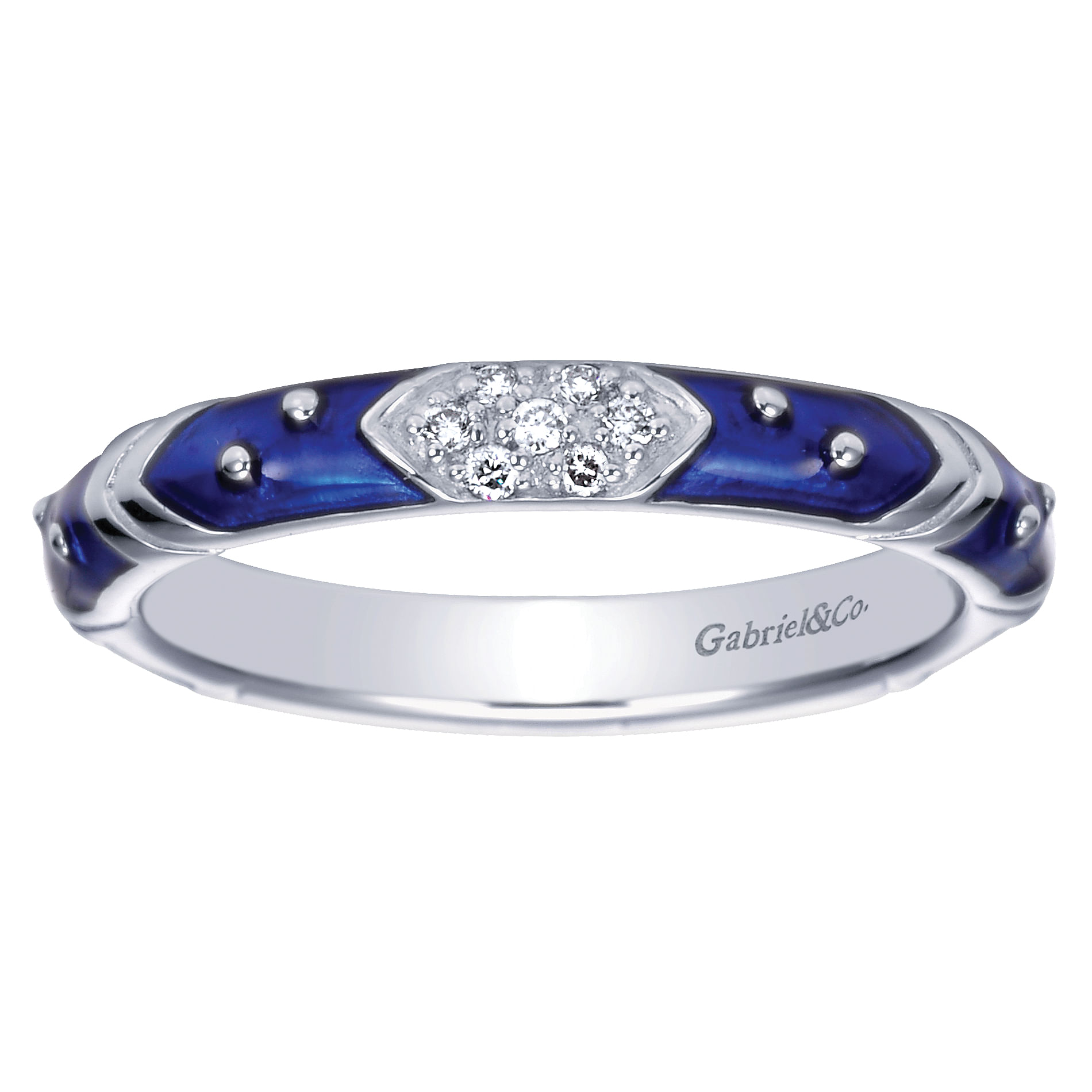 925 Sterling Silver Blue Enameled Ring with Diamonds