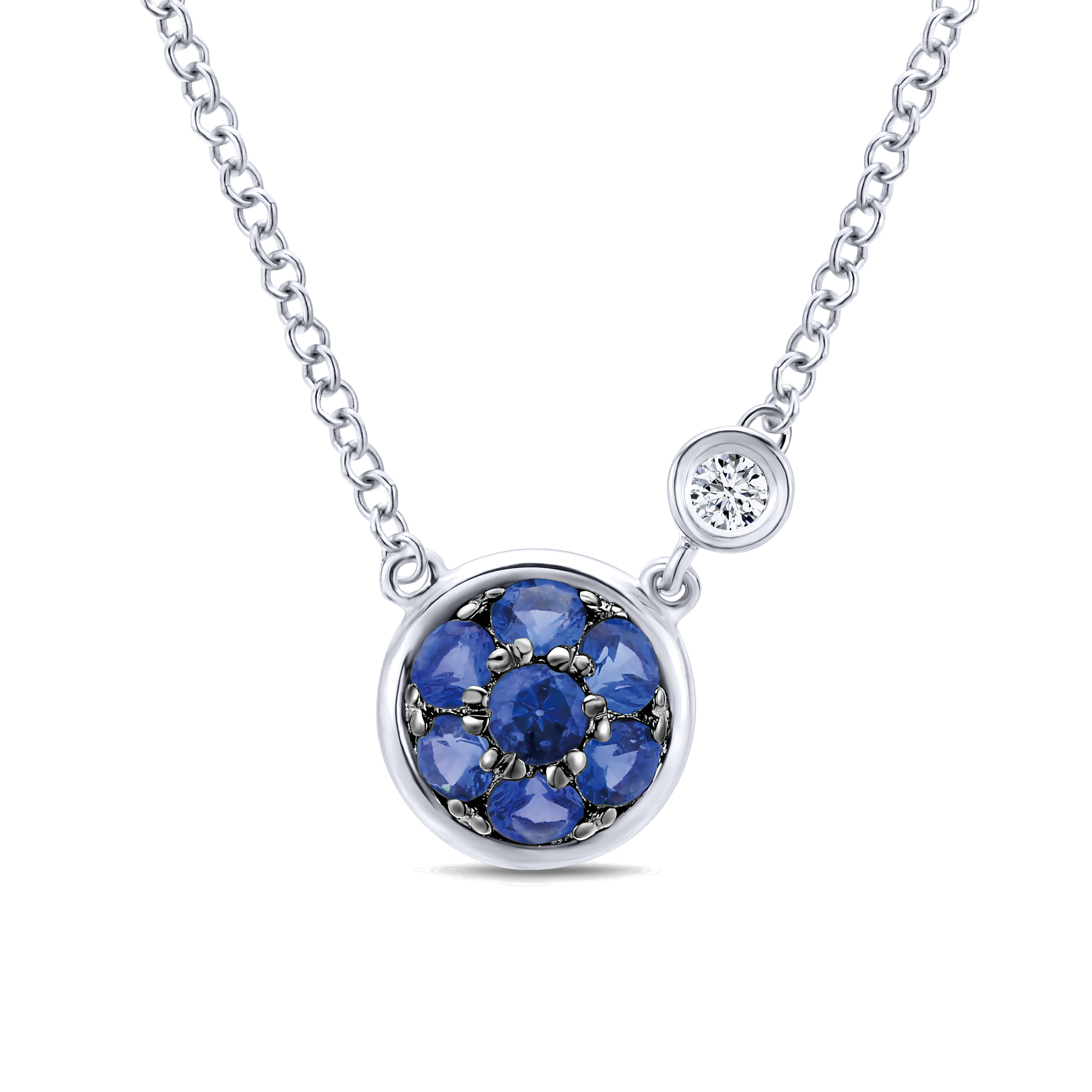 Gabriel - 925 Sterling Silver Blue Sapphire Cluster And Diamond Pendant Necklace