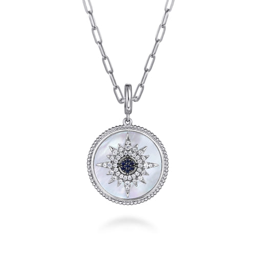 925 Sterling Silver Blue Sapphire and White Sapphire Medallion Pendant, 24mm-Bujukan
