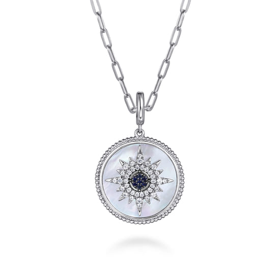 925 Sterling Silver Blue Sapphire and White Sapphire Medallion Pendant, 24mm-Bujukan angle 3