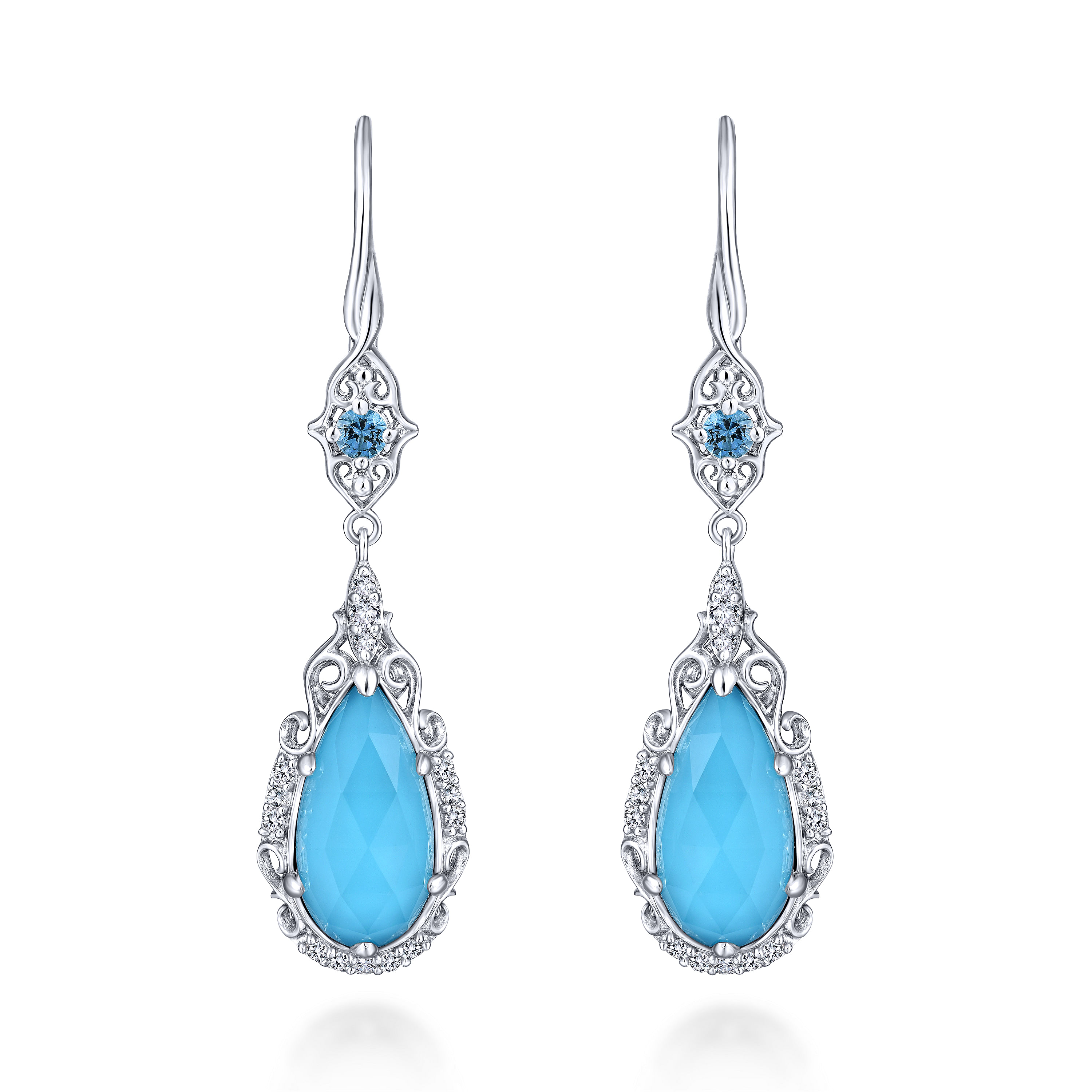 925 Sterling Silver Blue Topaz, White Sapphire and Rock Crystal/Turquoise Drop Earrings