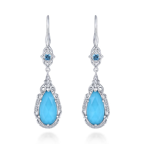 925 Sterling Silver Blue Topaz, White Sapphire and Rock Crystal/Turquoise Drop Earrings