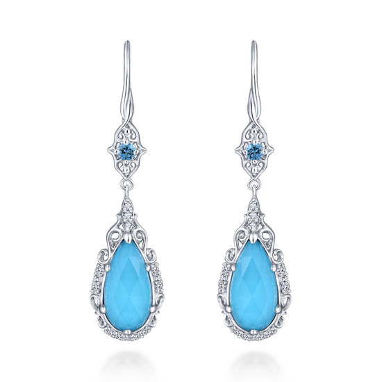 Gabriel - 925 Sterling Silver Blue Topaz, White Sapphire and Rock Crystal/Turquoise Drop Earrings
