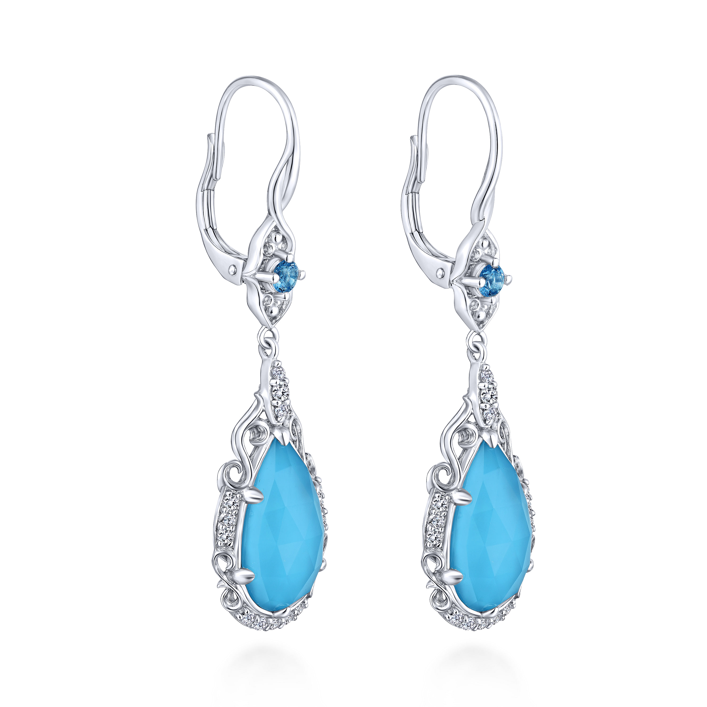925 Sterling Silver Blue Topaz, White Sapphire and Rock Crystal/Turquoise Drop Earrings