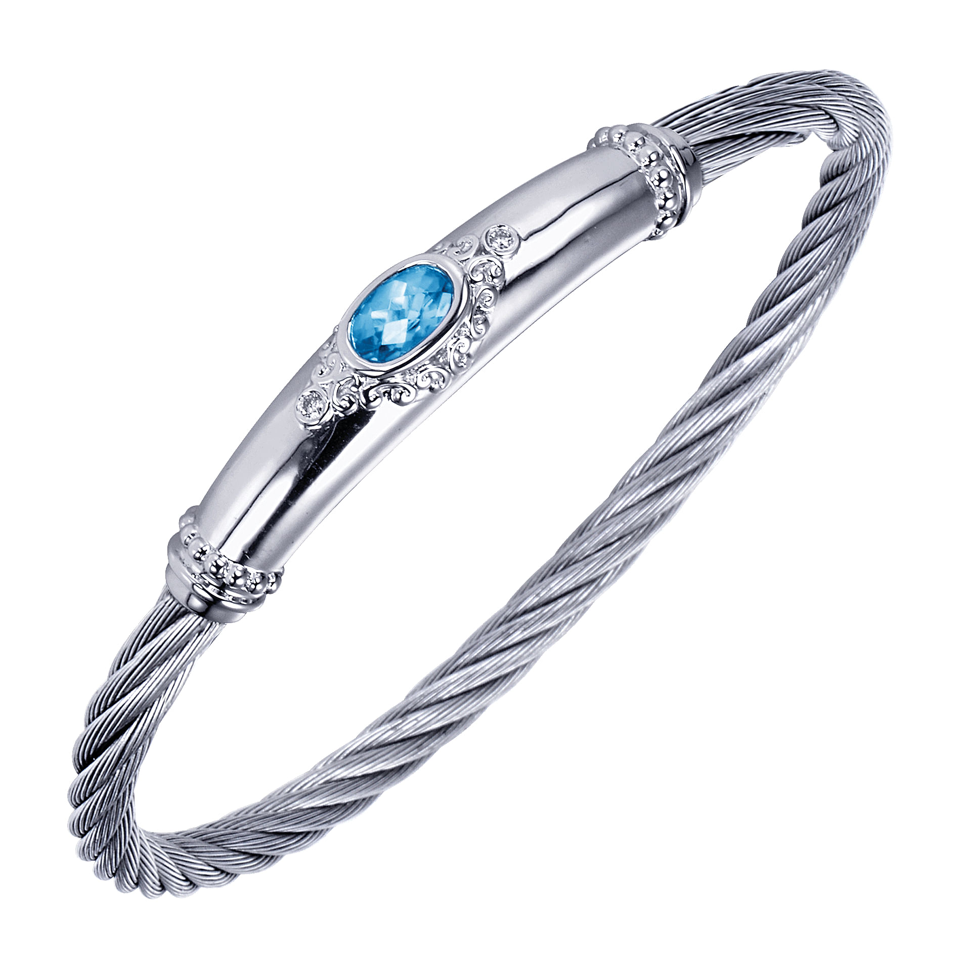 925 Sterling Silver Blue Topaz and Diamond Stainless Steel Twisted Cable Bangle