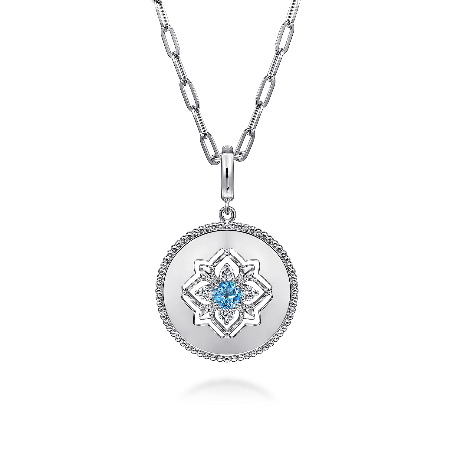 925 Sterling Silver Blue Topaz and White Sapphire Bujukan Medallion Pendant in size 24mm