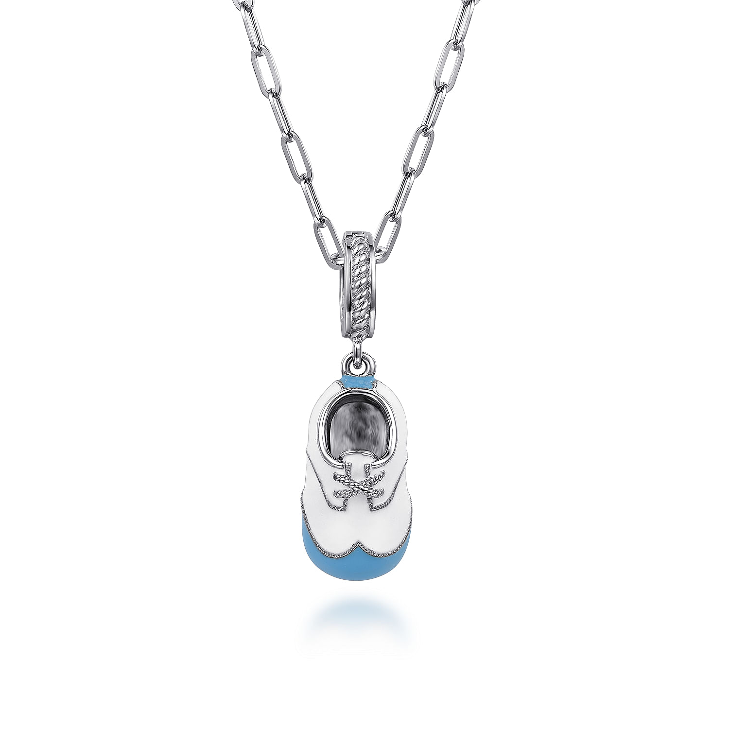 925 Sterling Silver Blue and Ivory Enamel Baby Shoe Charm Pendant