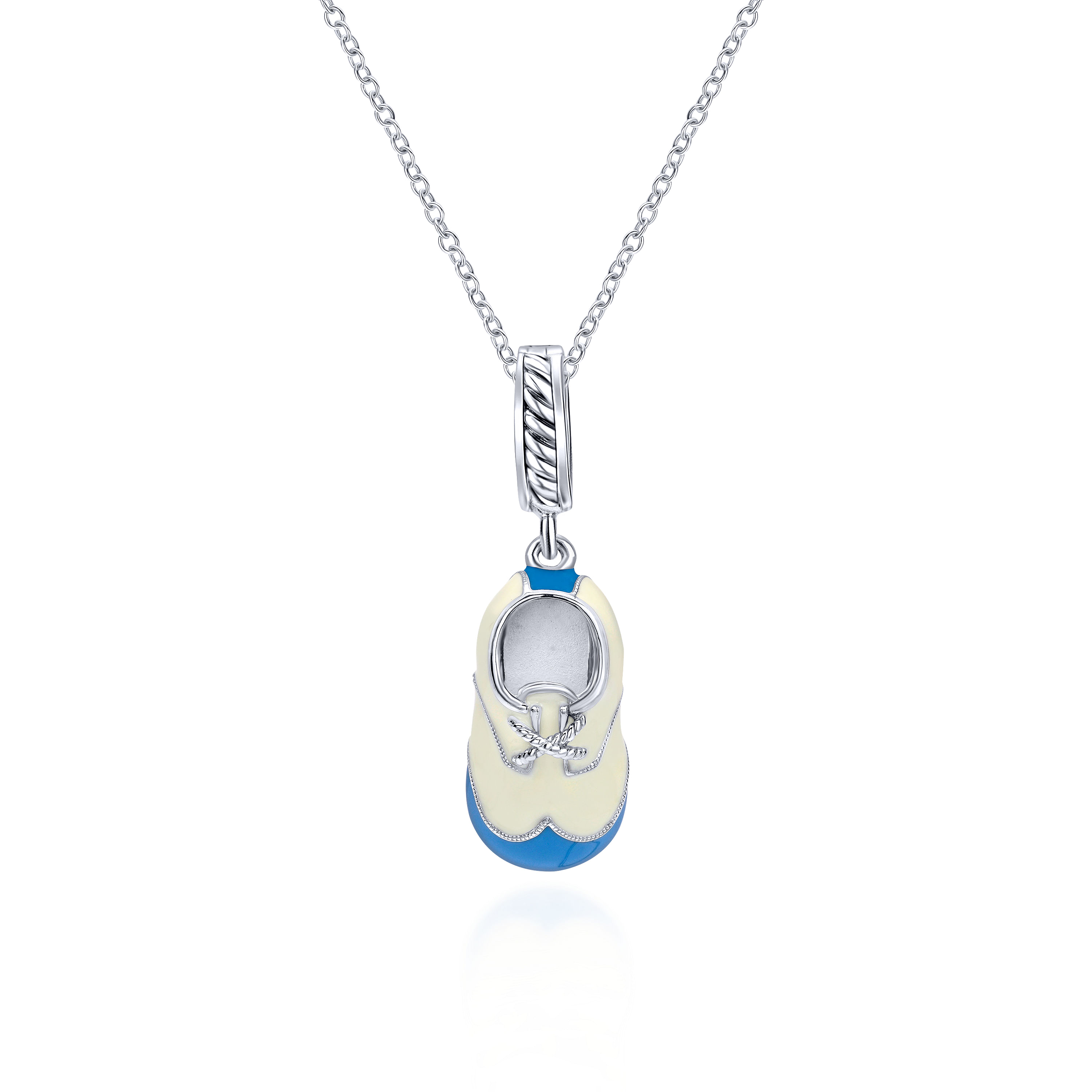 925 Sterling Silver Blue and Ivory Enamel Baby Shoe Charm Pendant
