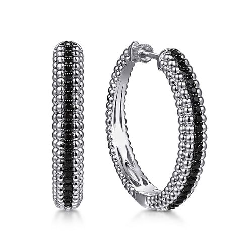 925 Sterling Silver Bujukan Black Spinel Classic Hoop Earrings