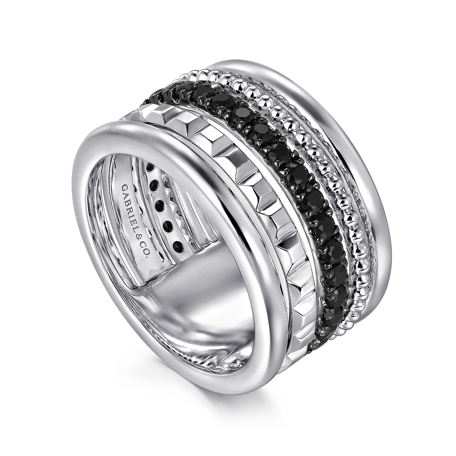 925 Sterling Silver Bujukan Black Spinel and Pyramid Multi Row Easy Stackable Ladies Ring
