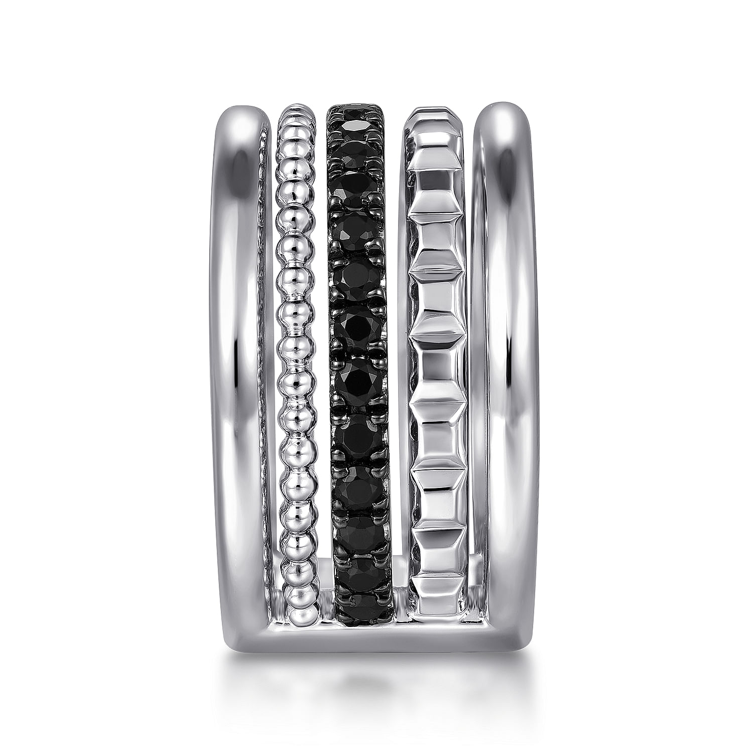 925 Sterling Silver Bujukan Black Spinel and Pyramid Multi Row Easy Stackable Ladies Ring