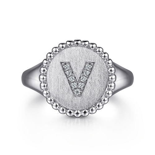 925 Sterling Silver Bujukan Diamond Initial V Signet Ring