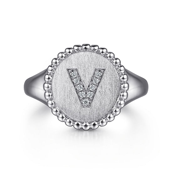 Gabriel - 925 Sterling Silver Bujukan Diamond Initial V Signet Ring