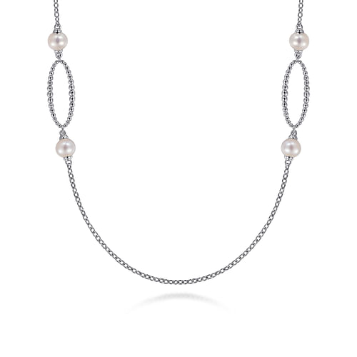 925 Sterling Silver Bujukan Link and Pearl Station Necklace