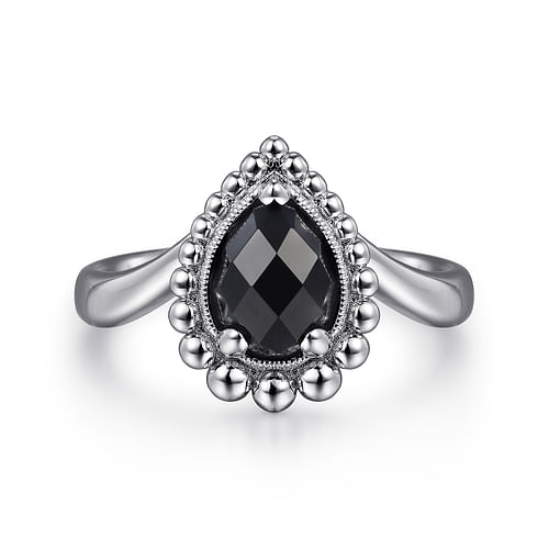 925 Sterling Silver Bujukan Pear Shape Onyx Chevron Ring