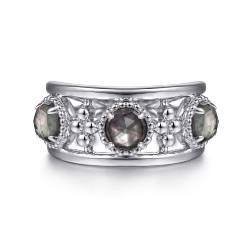 925 Sterling Silver Bujukan Rock Crystal and Black Mother of Pearl Station Ring