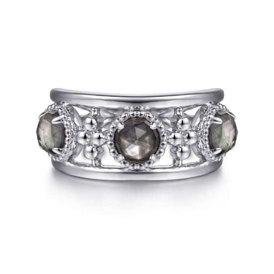 Gabriel - 925 Sterling Silver Bujukan Rock Crystal and Black Mother of Pearl Station Ring