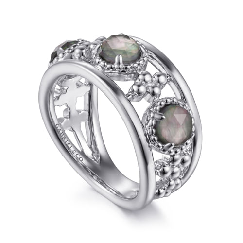 925 Sterling Silver Bujukan Rock Crystal and Black Mother of Pearl Station Ring