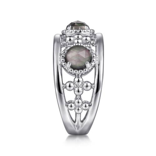925 Sterling Silver Bujukan Rock Crystal and Black Mother of Pearl Station Ring