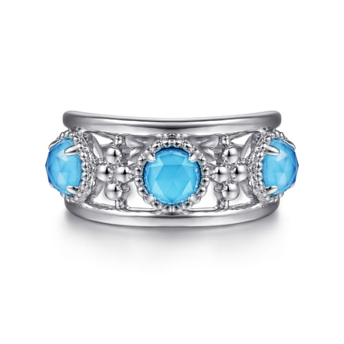 925 Sterling Silver Bujukan Rock Crystal and Turquoise Station Ring