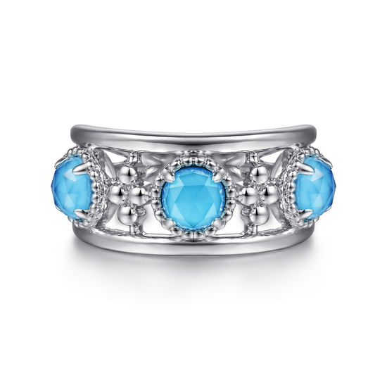 Gabriel - 925 Sterling Silver Bujukan Rock Crystal and Turquoise Station Ring