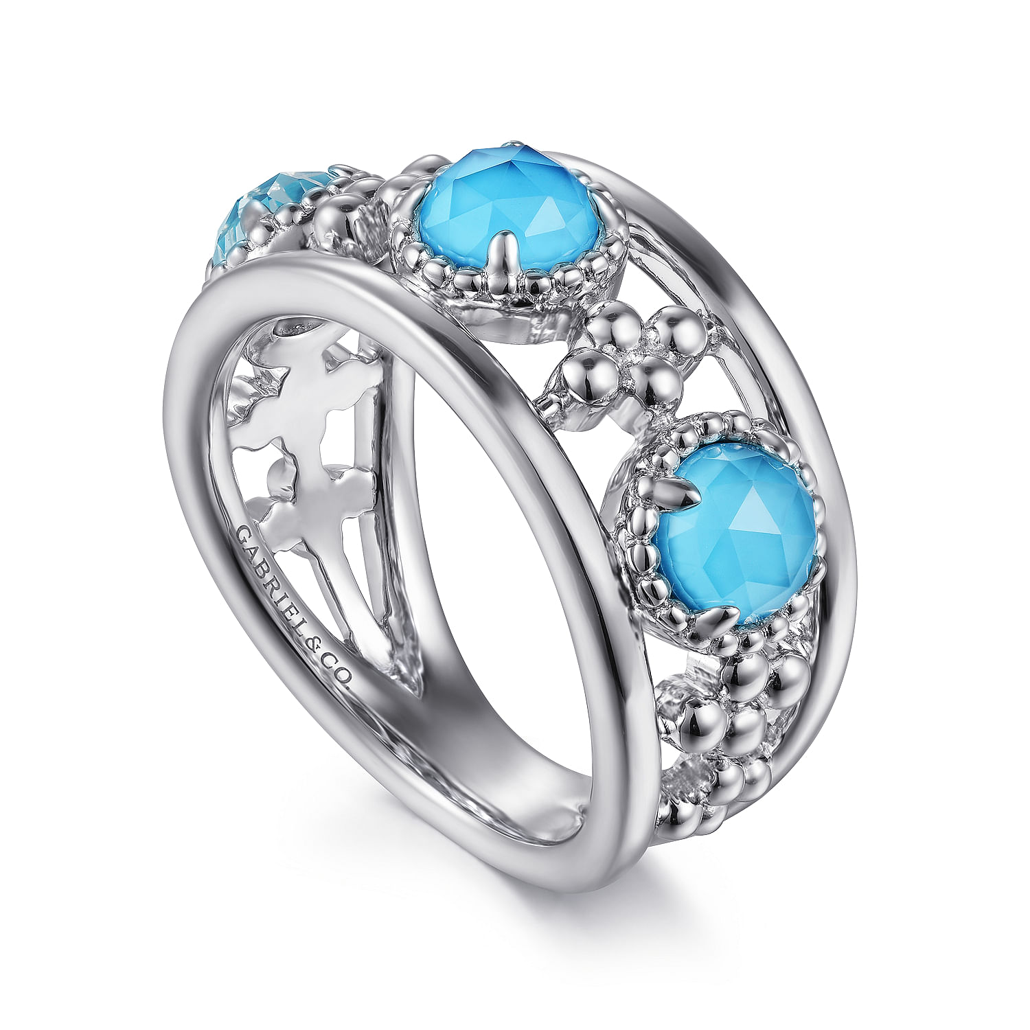 925 Sterling Silver Bujukan Rock Crystal and Turquoise Station Ring