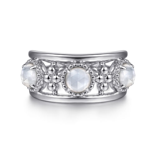 925 Sterling Silver Bujukan Rock Crystal and White Mother of Pearl Station Ring