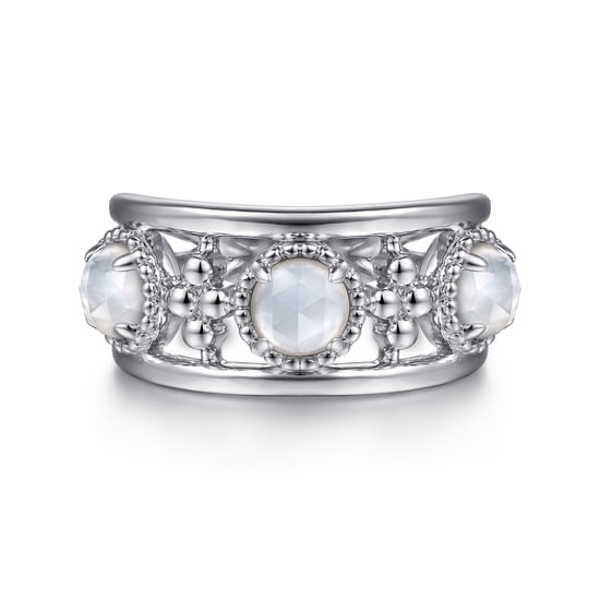 Gabriel - 925 Sterling Silver Bujukan Rock Crystal and White Mother of Pearl Station Ring