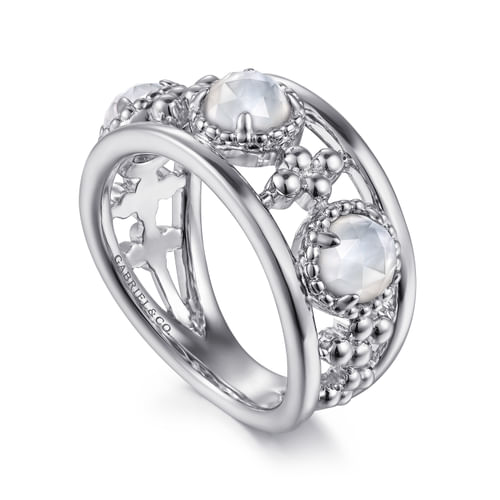 925 Sterling Silver Bujukan Rock Crystal and White Mother of Pearl Station Ring
